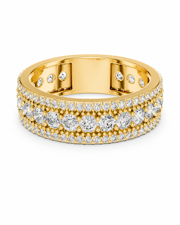 color_10K_YG, color_14K_YG &&	
A yellow gold eternity ring featuring multiple rows of round brilliant-cut diamonds and small pave-set diamonds, shown on a clean white background.