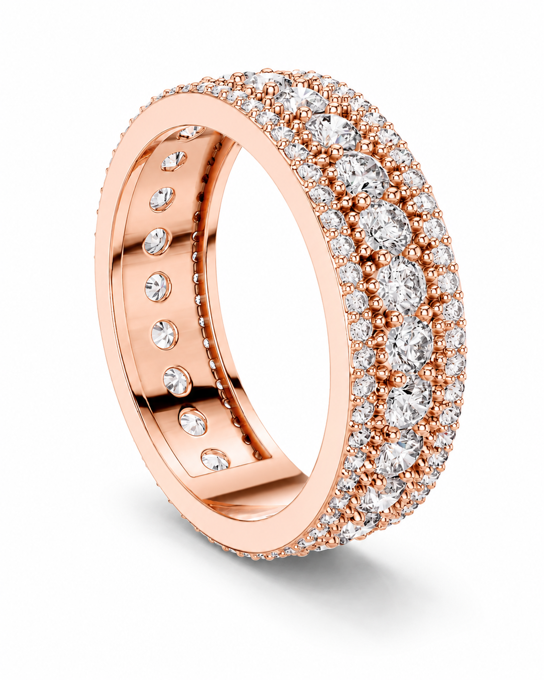 color_10K_RG, color_14K_RG &&	A rose gold eternity ring set with multiple rows of round-cut clear gemstones, shown on a clean white background.