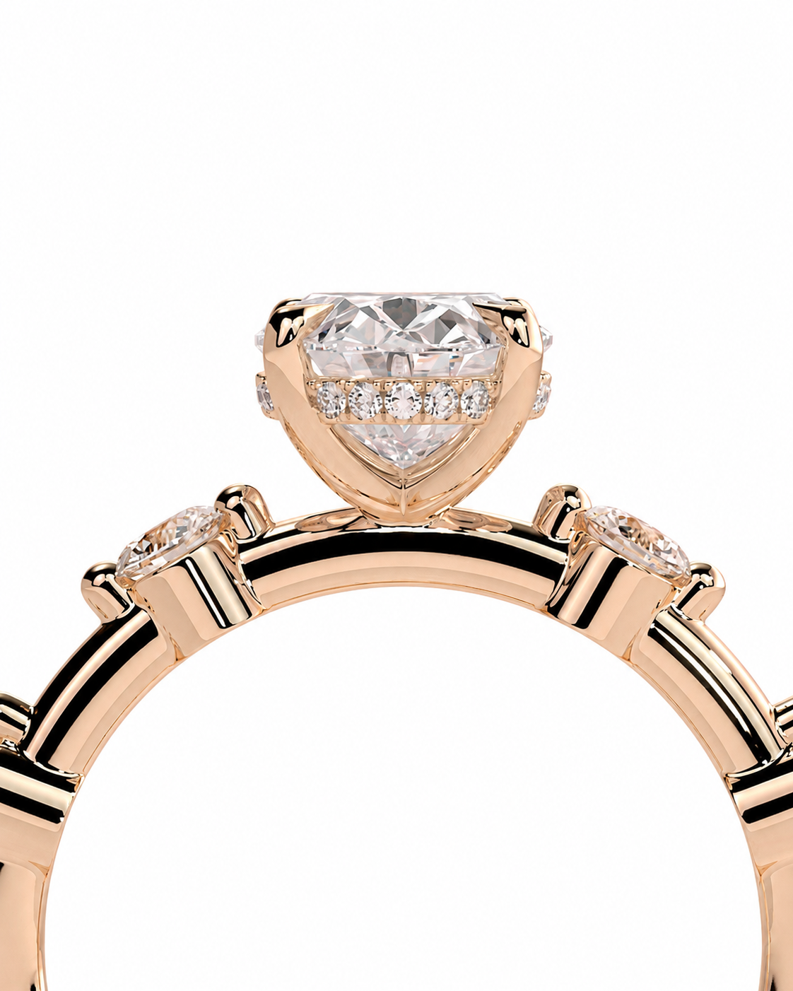 color_10K_RG, color_14K_RG &&A close-up of a rose gold ring featuring a large heart-shaped clear gemstone in a heart-shaped prong setting, with smaller round diamonds lining the base of the halo and additional diamonds set along the band, all on a solid white background.