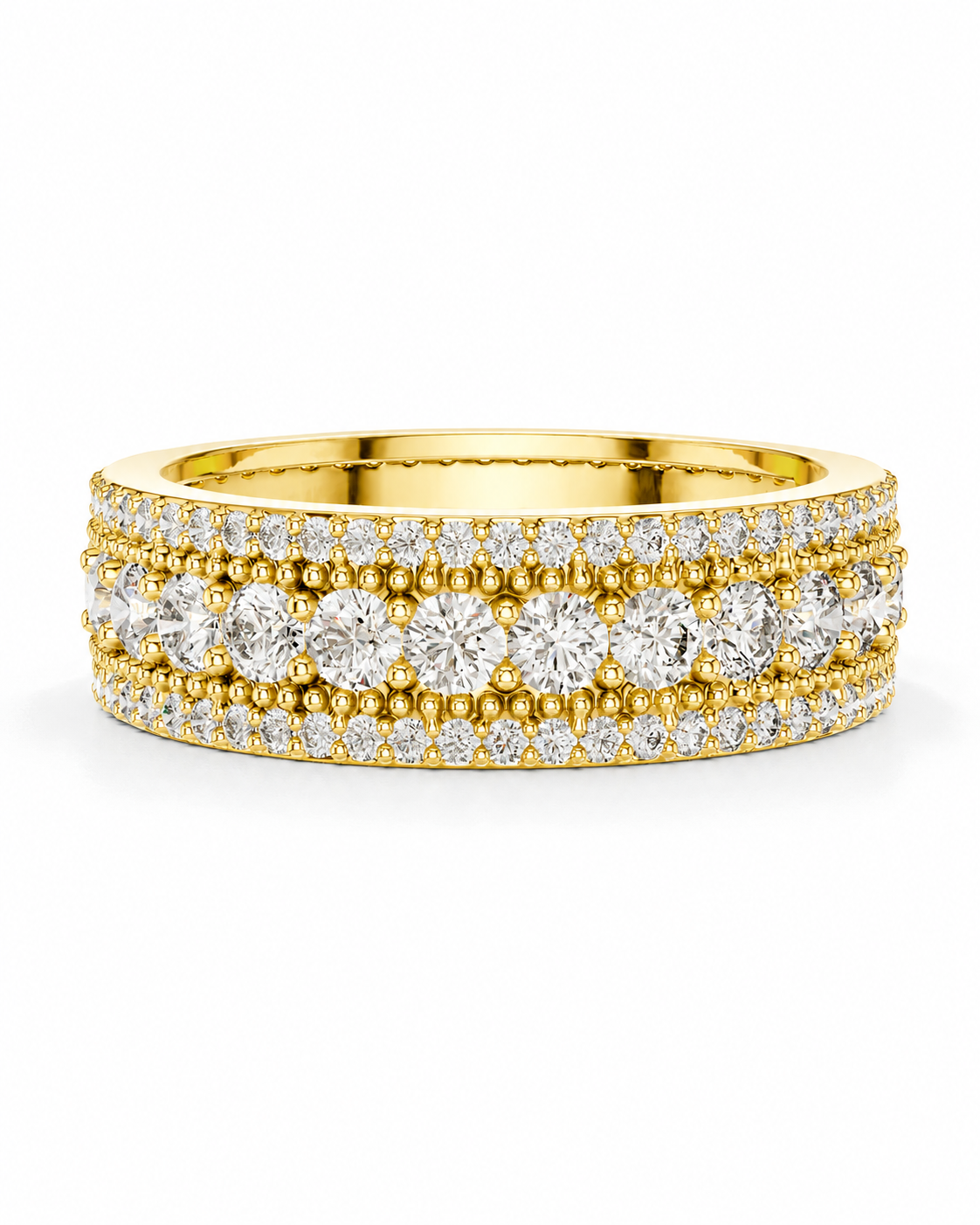 color_10K_YG, color_14K_YG &&	
A yellow gold eternity ring set with multiple rows of round brilliant-cut diamonds and small pave diamonds, shown on a clean white background.
