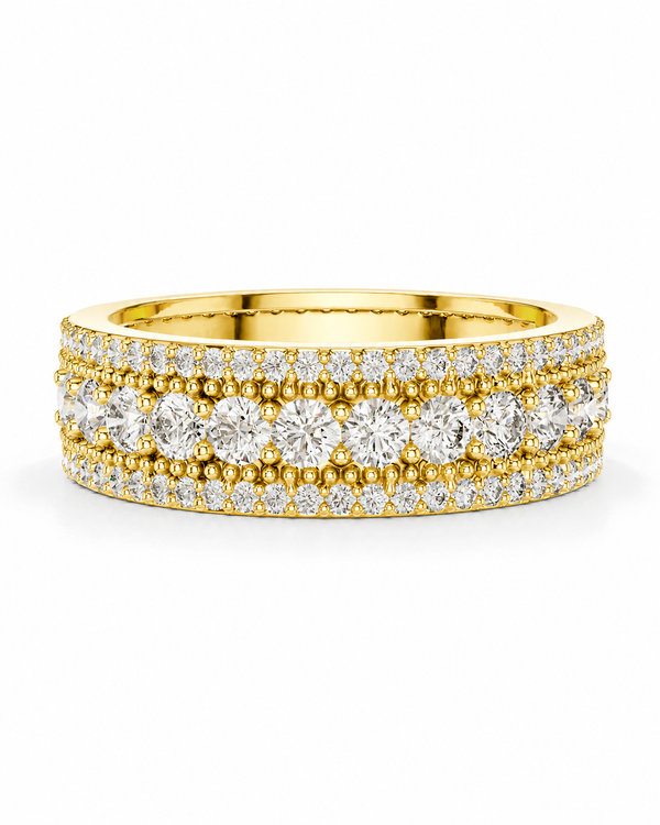 color_10K_YG, color_14K_YG &&	
A yellow gold eternity ring set with multiple rows of round brilliant-cut diamonds and small pave diamonds, shown on a clean white background.