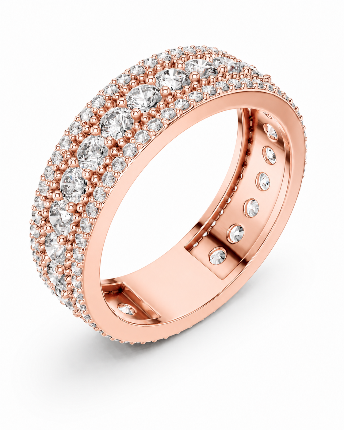 color_10K_RG, color_14K_RG &&	A rose gold eternity ring set with round and oval clear gemstones, shown on a clean white background.