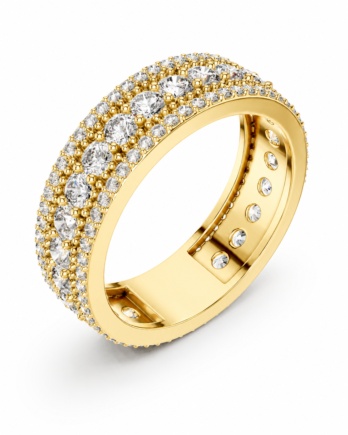 color_10K_YG, color_14K_YG &&	
A yellow gold eternity ring set with round-cut diamonds, shown on a clean white background. The ring features a double row of pave-set diamonds on the exterior and a row on the inner band, with a small diamond accent on the hinge.