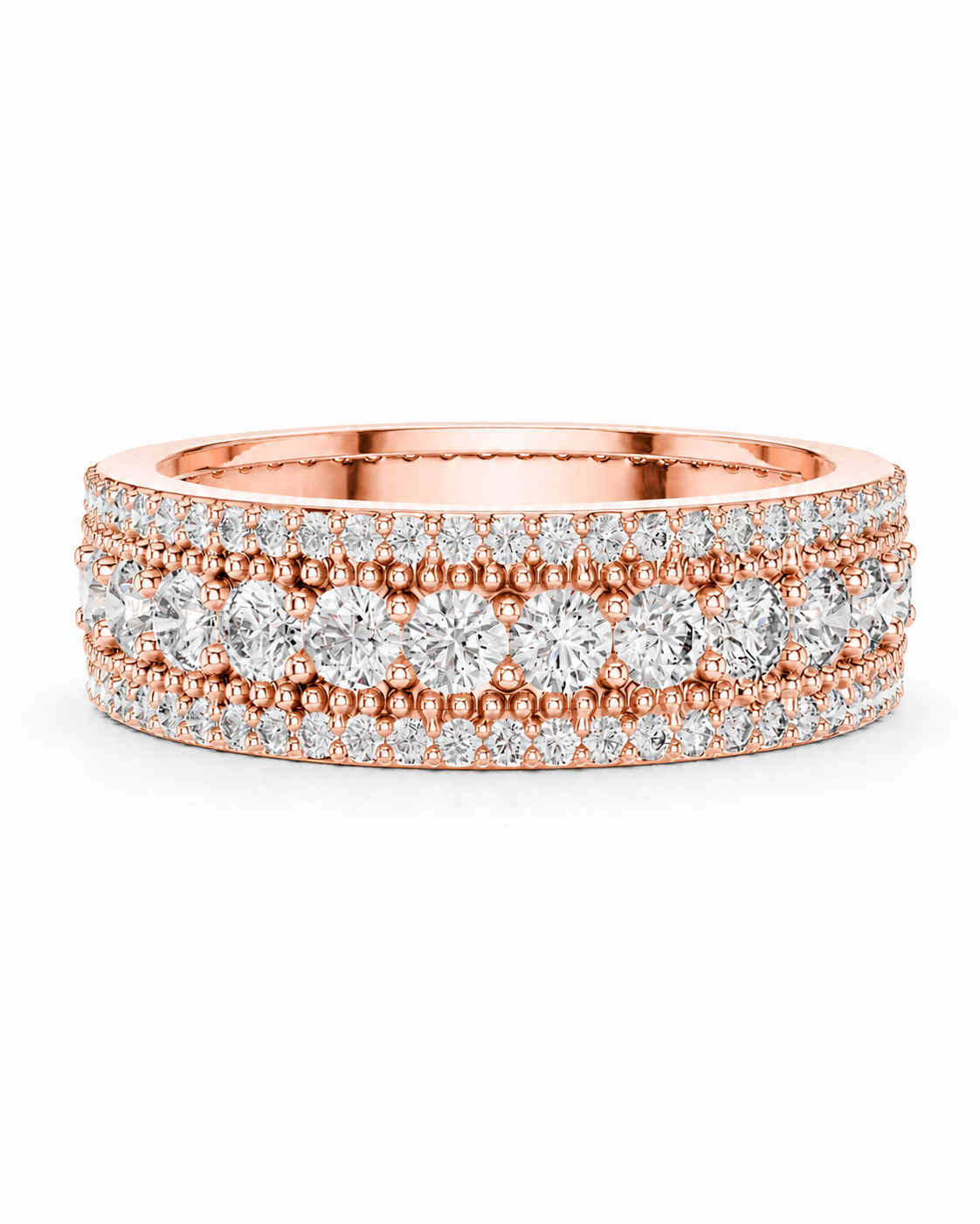 color_10K_RG, color_14K_RG &&	A rose gold eternity ring set with round diamonds, featuring three rows of pave and center stones on a clean white background.