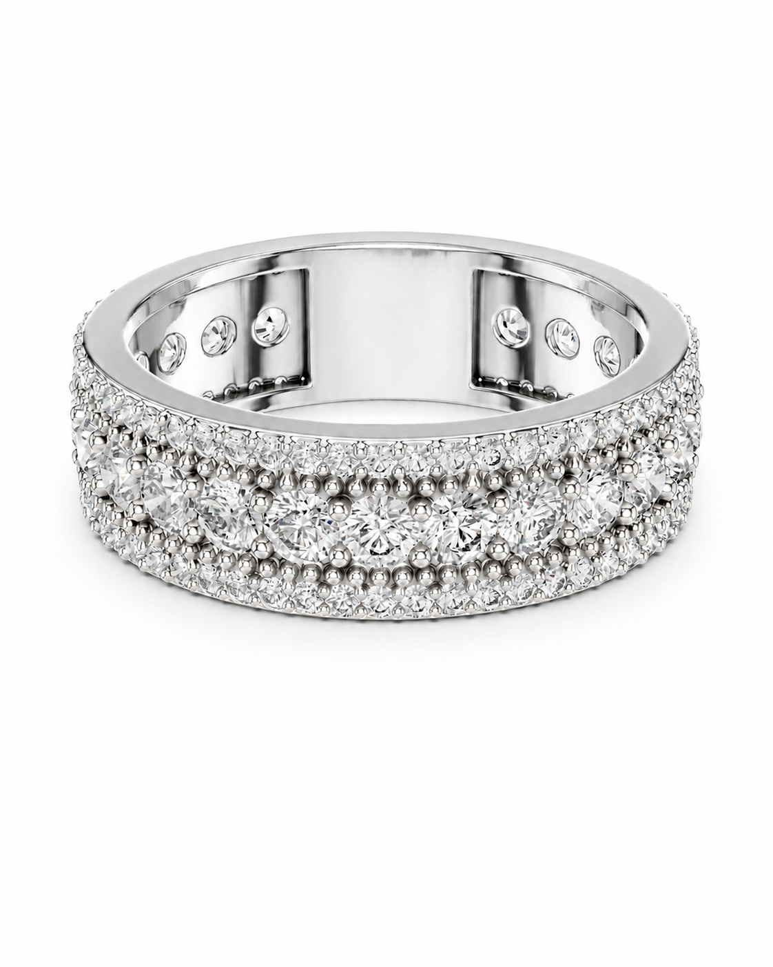 color_925_SIL,color_935_ARG,color_10K_WG, color_14K_WG &&	
A silver-tone diamond eternity ring with double rows of pave-set round diamonds and three rows of channel-set round diamonds on the band, shown against a plain white background.