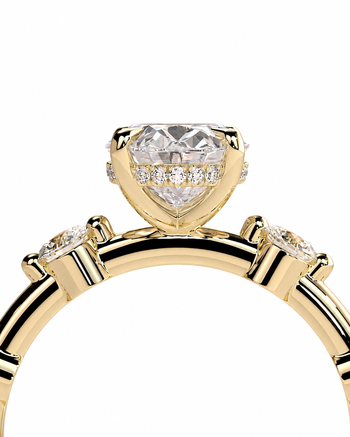 color_10K_YG, color_14K_YG &&Side angle of oval moissanite ring showing elegant gallery craftsmanship
