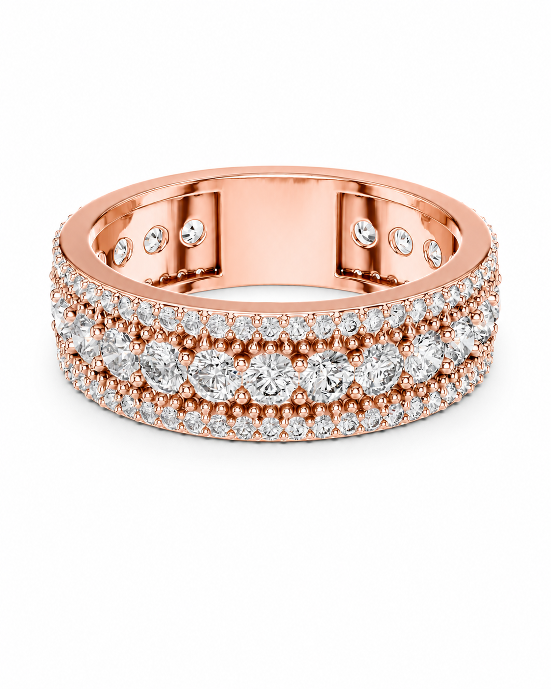 color_10K_RG, color_14K_RG &&	A rose gold eternity ring featuring double rows of round-cut diamonds on a clean white background.