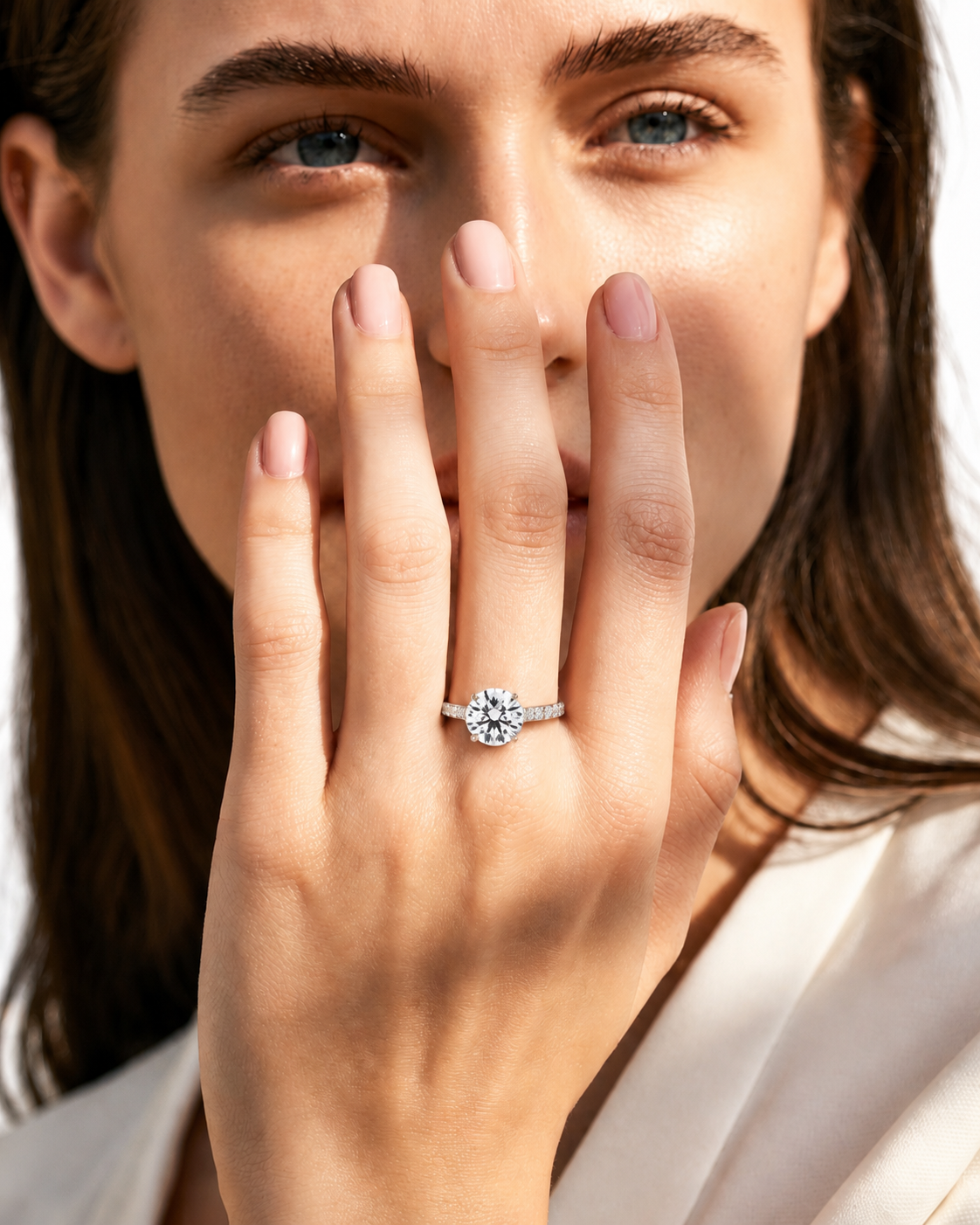 color_925_SIL,color_935_ARG,color_10K_WG, color_14K_WG &&A close-up lifestyle shot of a woman wearing a silver-toned diamond engagement ring on her finger, with her hand covering part of her face against a bright white background.