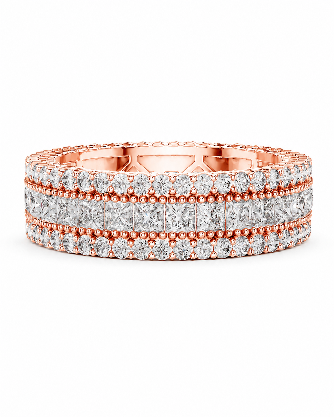 color_10K_RG, color_14K_RG &&	A rose gold eternity ring featuring three rows of sparkling clear gemstones, set against a clean white background.