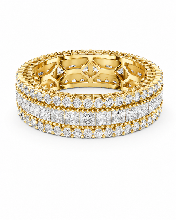 color_10K_YG, color_14K_YG &&	
A yellow gold eternity ring set with multiple rows of round brilliant-cut and baguette-cut diamonds, shown on a clean white background.