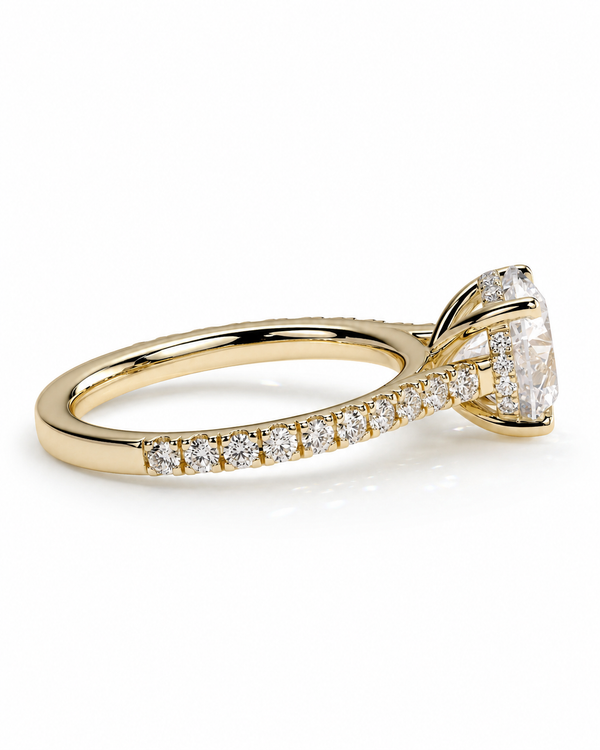 color_10K_YG, color_14K_YG &&Round center stone moissanite engagement ring with hidden halo side profile
