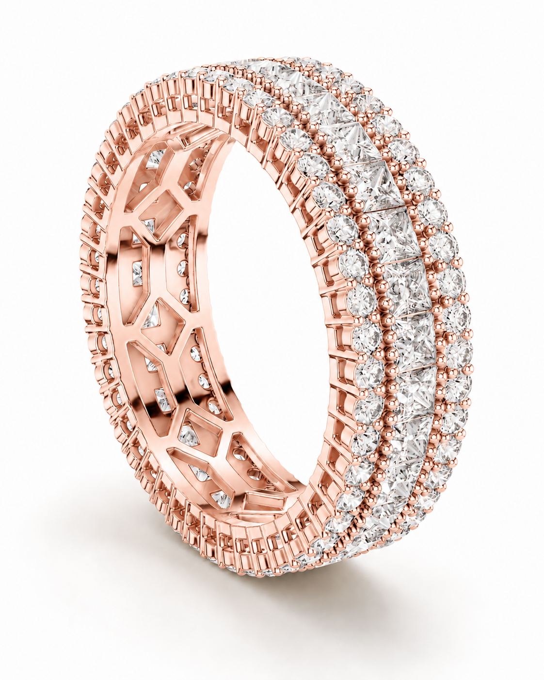 color_10K_RG, color_14K_RG &&	A rose gold eternity ring set with multiple rows of sparkling clear pave diamonds, shown on a clean white background.