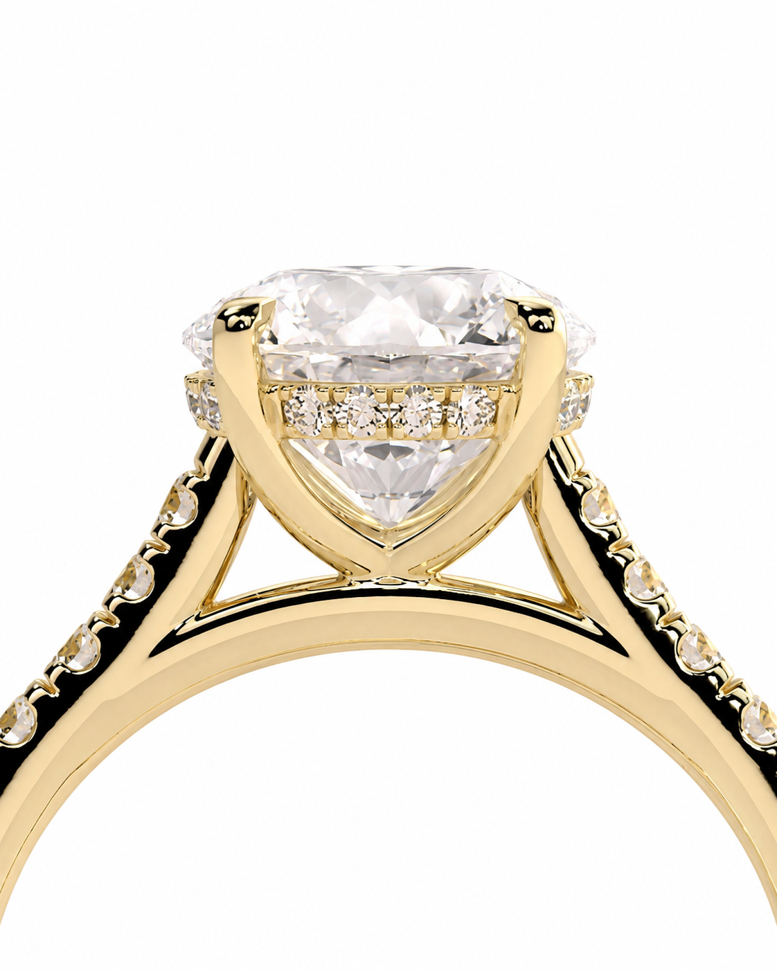 color_10K_YG, color_14K_YG &&Side angle view of round moissanite engagement ring with raised setting
