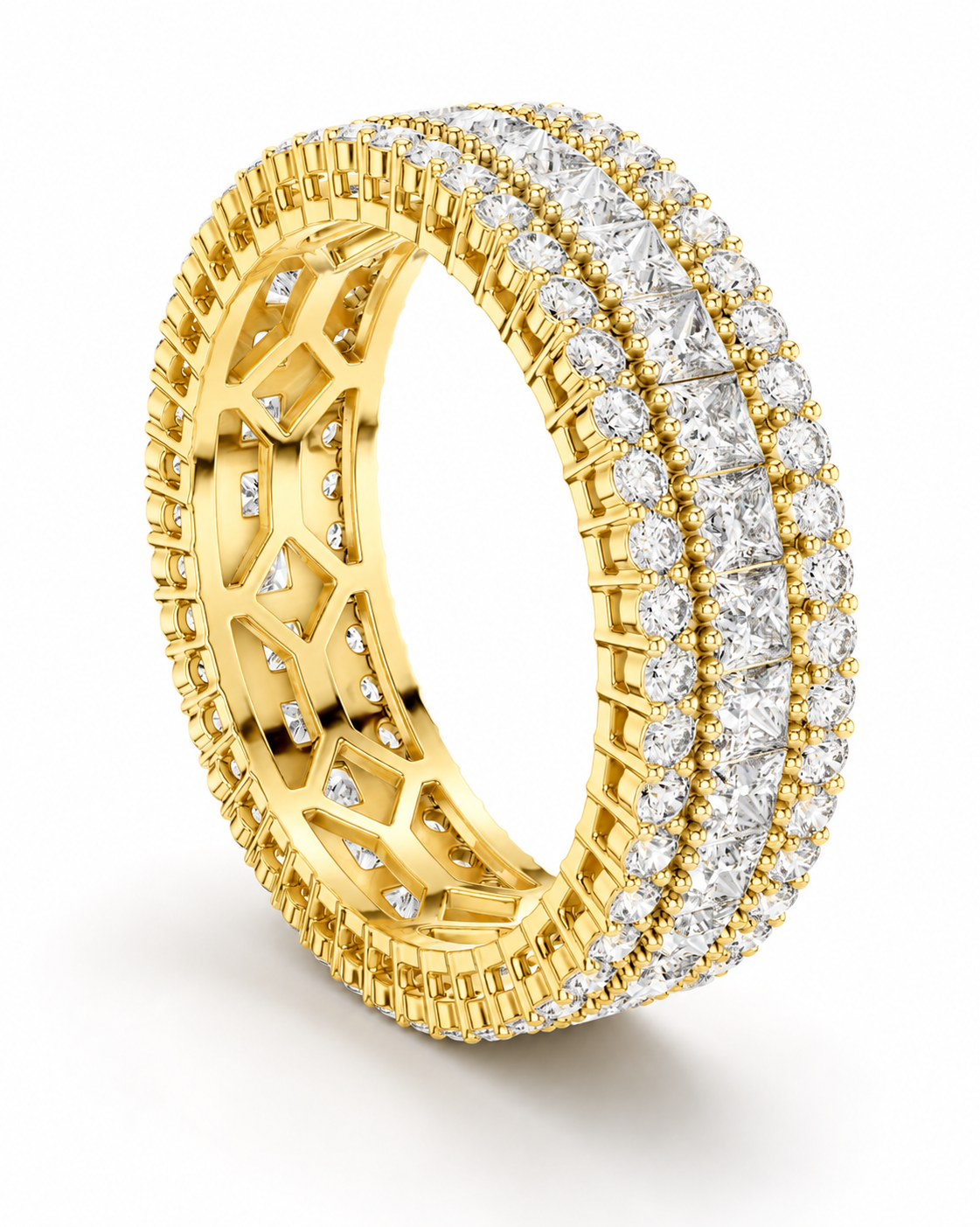 color_10K_YG, color_14K_YG &&	
A yellow gold eternity ring featuring three rows of sparkling clear pave diamonds, shown on a clean white background.