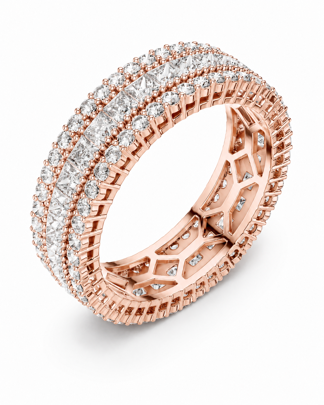 color_10K_RG, color_14K_RG &&	A rose gold eternity ring paved with clear diamonds, shown at an angle on a clean white background.