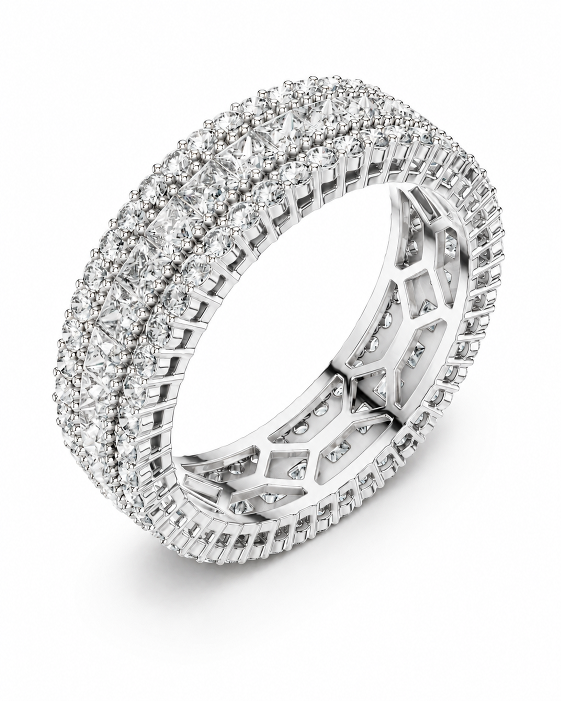 color_925_SIL,color_935_ARG,color_10K_WG, color_14K_WG &&	
A silver-toned eternity ring paved with clear diamonds, shown at an angle on a clean white background.