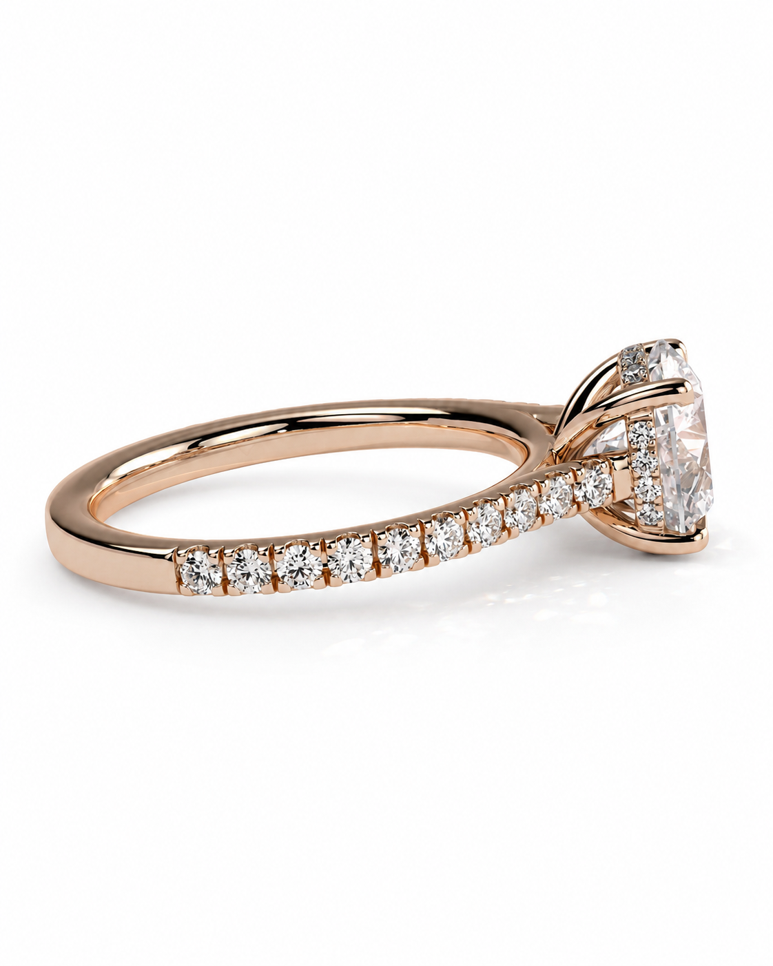 color_10K_RG, color_14K_RG &&A rose gold engagement ring featuring a large oval-cut center stone and a pave band with small round stones, shown on a clean white background.
