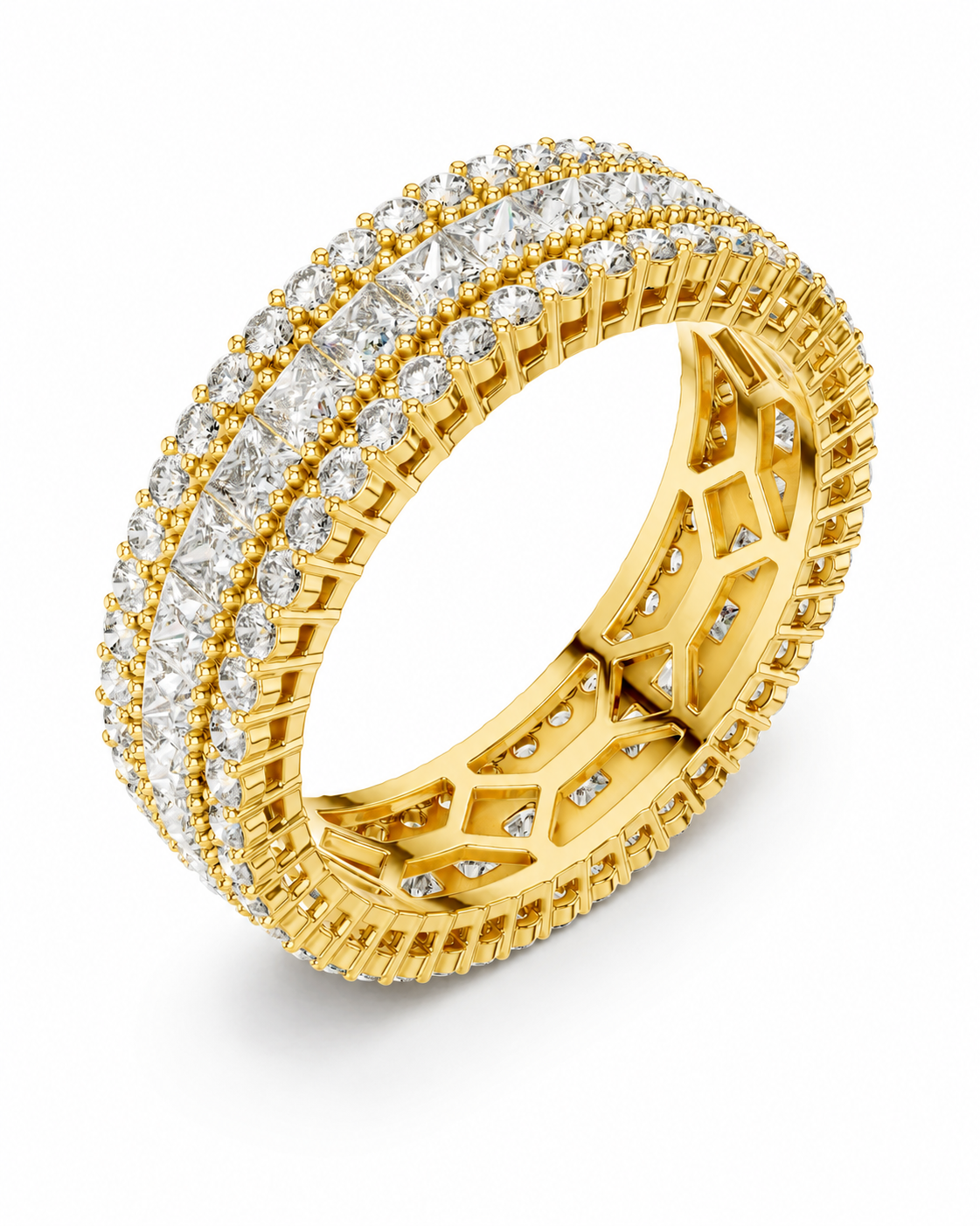 color_10K_YG, color_14K_YG &&	
A yellow gold eternity ring set with multiple rows of round brilliant diamonds, shown on a clean white background.
