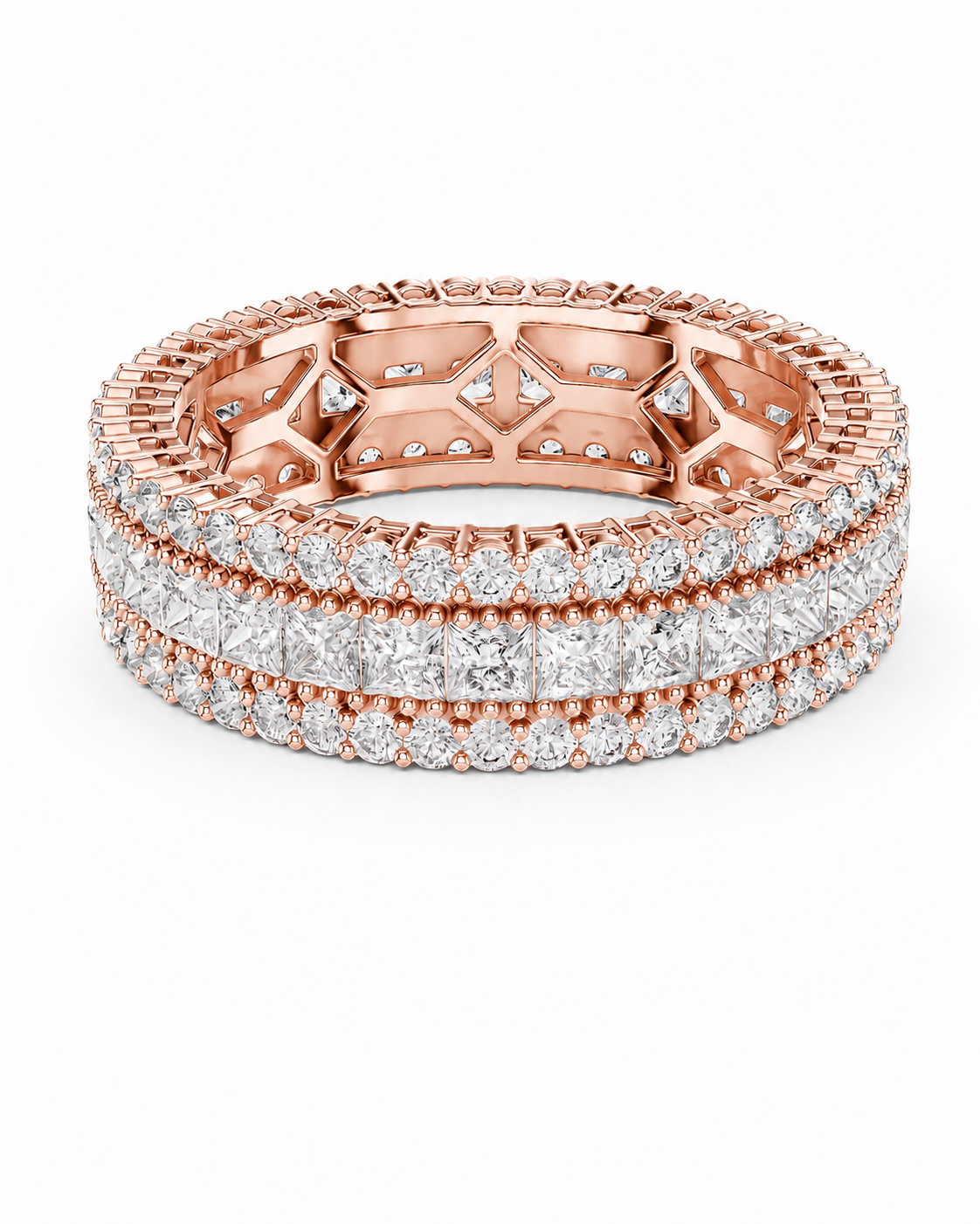 color_10K_RG, color_14K_RG &&	A rose gold eternity ring featuring multiple rows of pave-set and channel-set round diamonds, shown on a clean white background.