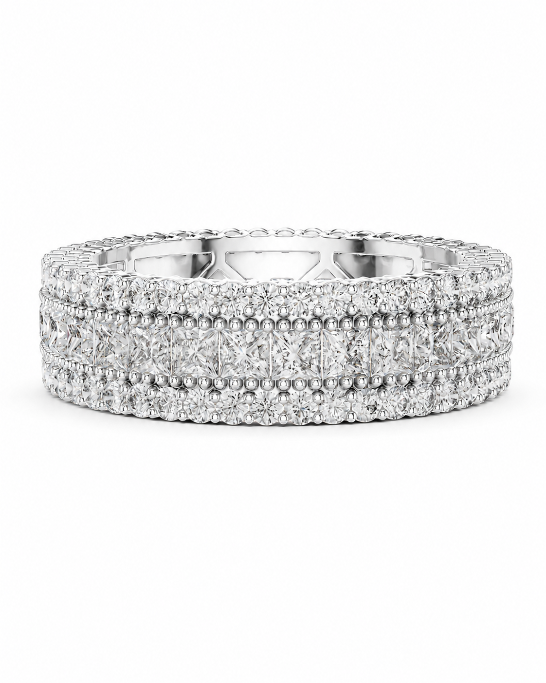 color_925_SIL,color_935_ARG,color_10K_WG, color_14K_WG &&	
A diamond eternity ring in a silver-toned metal setting, featuring multiple rows of pave and baguette-cut diamonds on a clean white background.