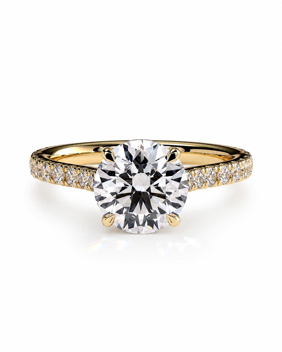 color_10K_YG, color_14K_YG &&Round moissanite engagement ring with pave band and front view details
