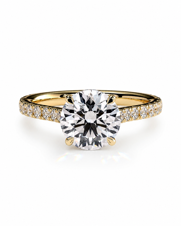 color_10K_YG, color_14K_YG &&Round moissanite engagement ring with pave band and front view details
