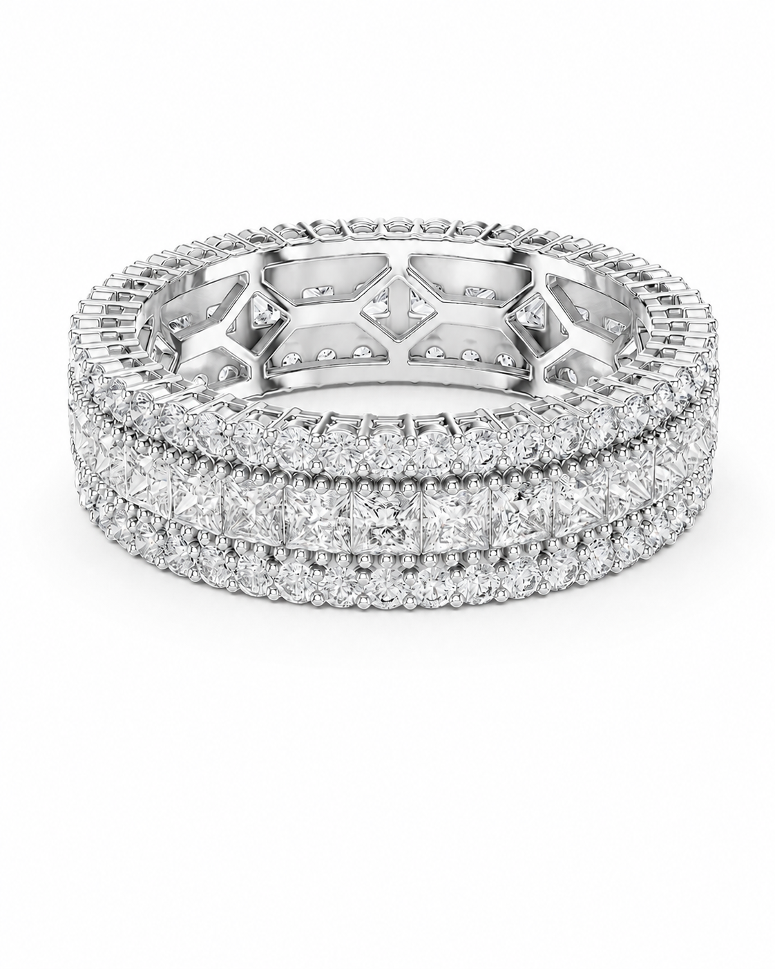 color_925_SIL,color_935_ARG,color_10K_WG, color_14K_WG &&	
A silver-toned eternity ring set with numerous round and princess-cut diamonds, photographed on a seamless white background.