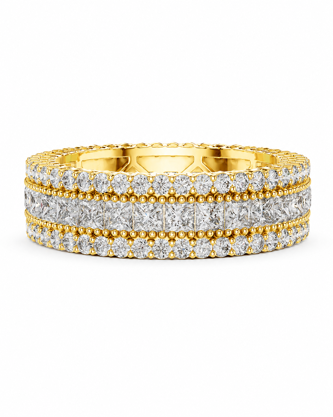 color_10K_YG, color_14K_YG &&	
A yellow gold eternity ring set with three rows of round brilliant-cut diamonds and baguette-cut diamonds, photographed on a clean white background.