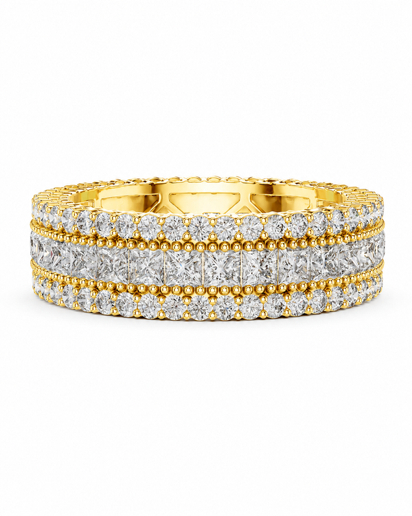 color_10K_YG, color_14K_YG &&	
A yellow gold eternity ring set with three rows of round brilliant-cut diamonds and baguette-cut diamonds, photographed on a clean white background.