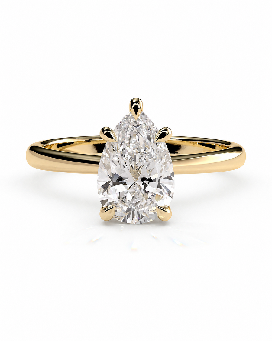 color_10K_YG, color_14K_YG &&Pear moissanite engagement ring with solitaire setting front view
