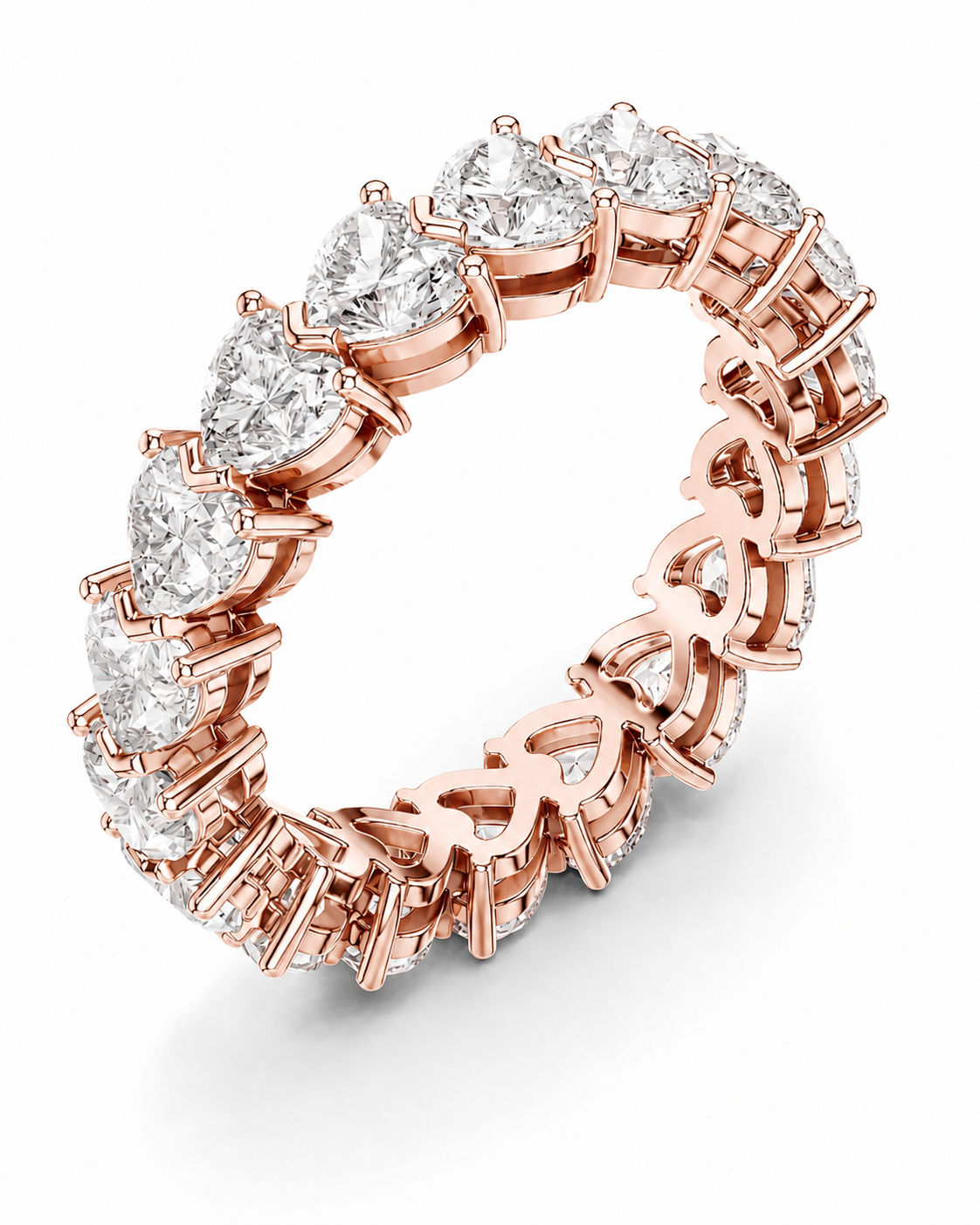 color_10K_RG, color_14K_RG &&	A rose gold eternity ring featuring a continuous line of heart-shaped clear gemstones in a prong setting, shown on a clean white background.