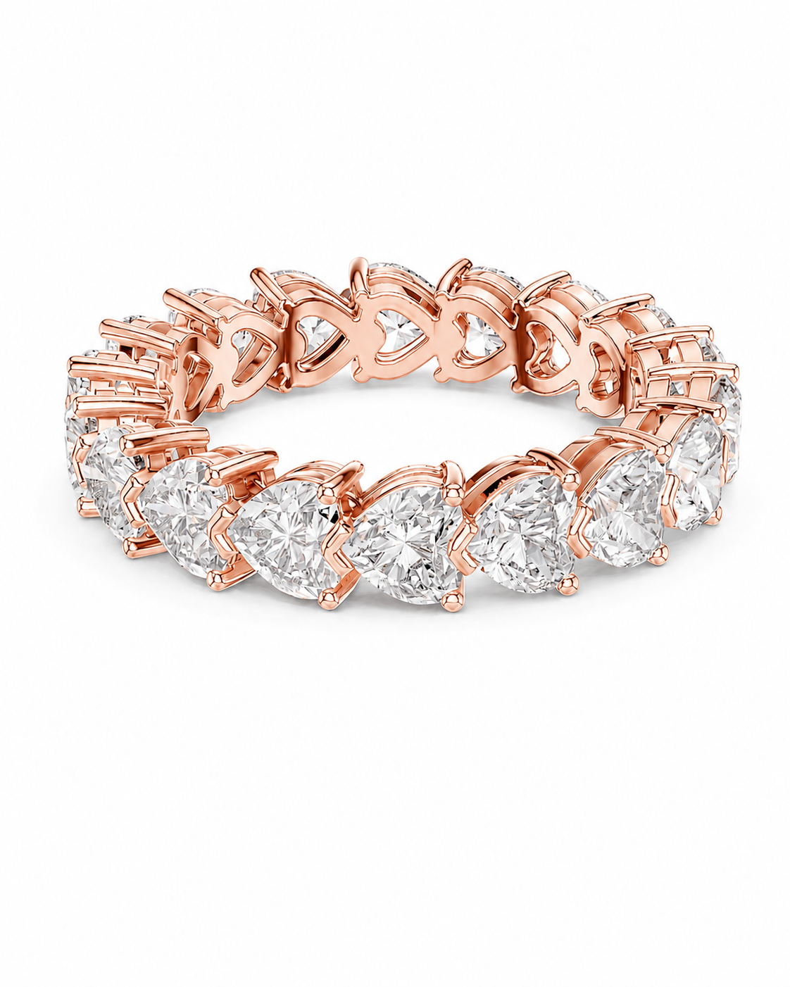 color_10K_RG, color_14K_RG &&	A rose gold eternity ring featuring a continuous row of heart-shaped clear gemstones in a prong setting, shown on a clean white background.