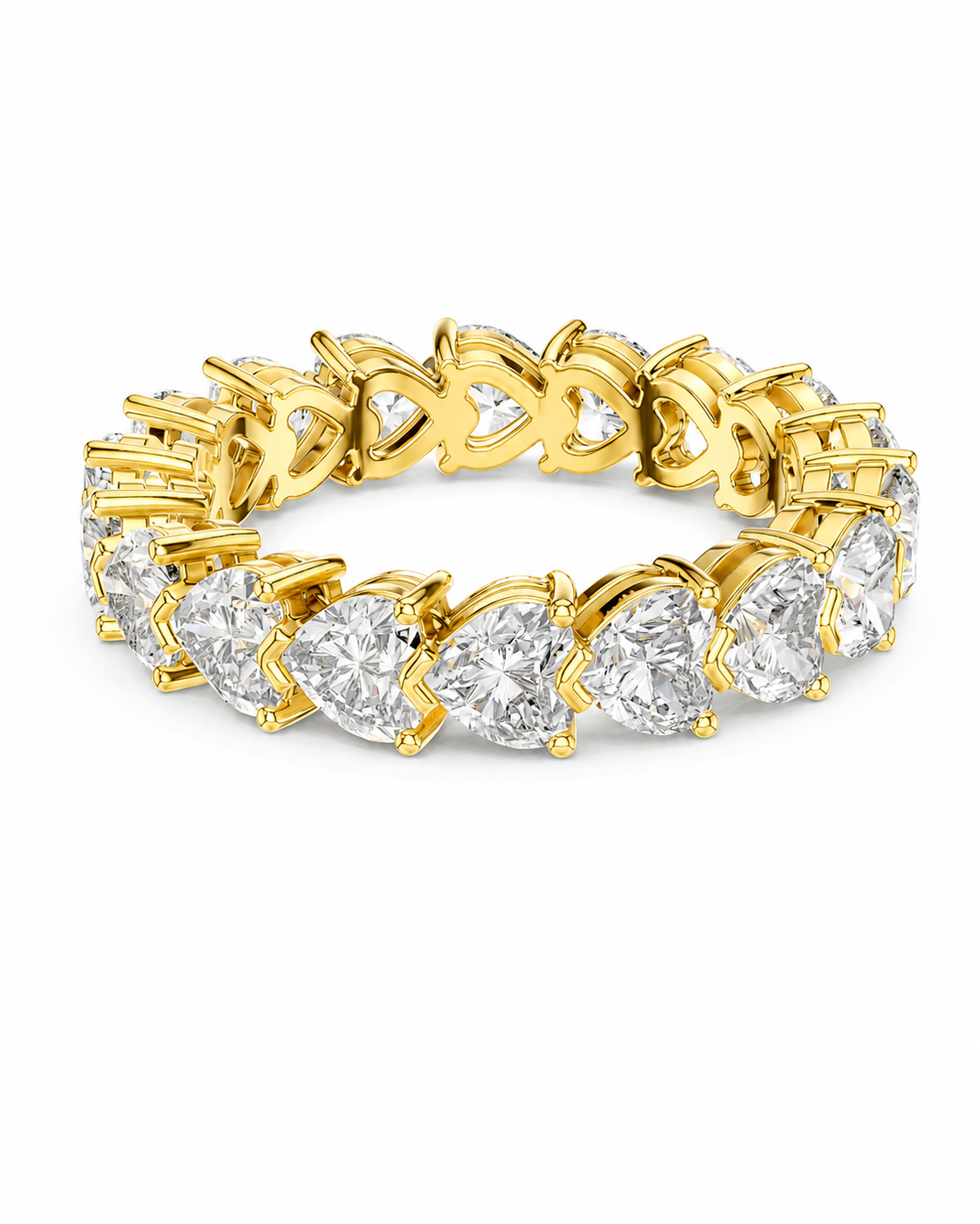 color_10K_YG, color_14K_YG &&	
A yellow gold eternity ring featuring a continuous row of heart-shaped clear gemstones in a prong setting, shown on a plain white background.