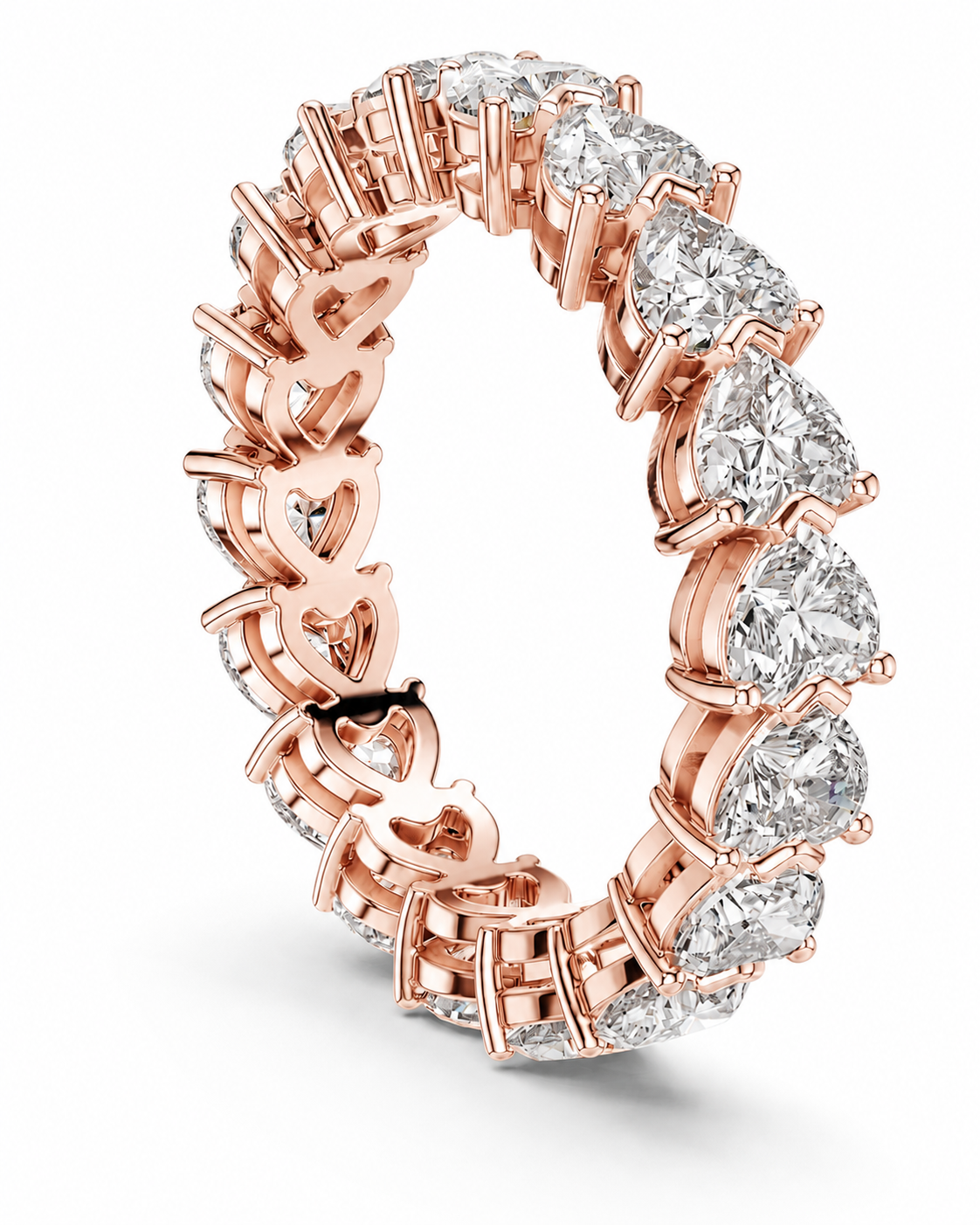 color_10K_RG, color_14K_RG &&	A rose gold eternity ring featuring a continuous line of round brilliant-cut diamonds in a prong setting, shown on a clean white background.