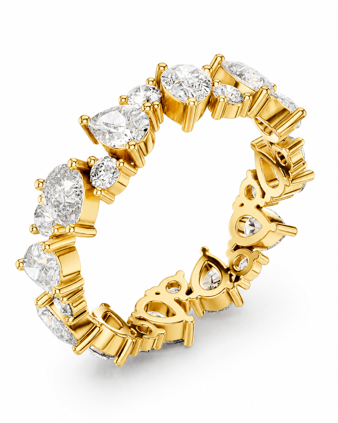 color_10K_YG, color_14K_YG &&	
A yellow gold eternity ring featuring a continuous row of round brilliant-cut diamonds in prong settings, shown on a clean white background.