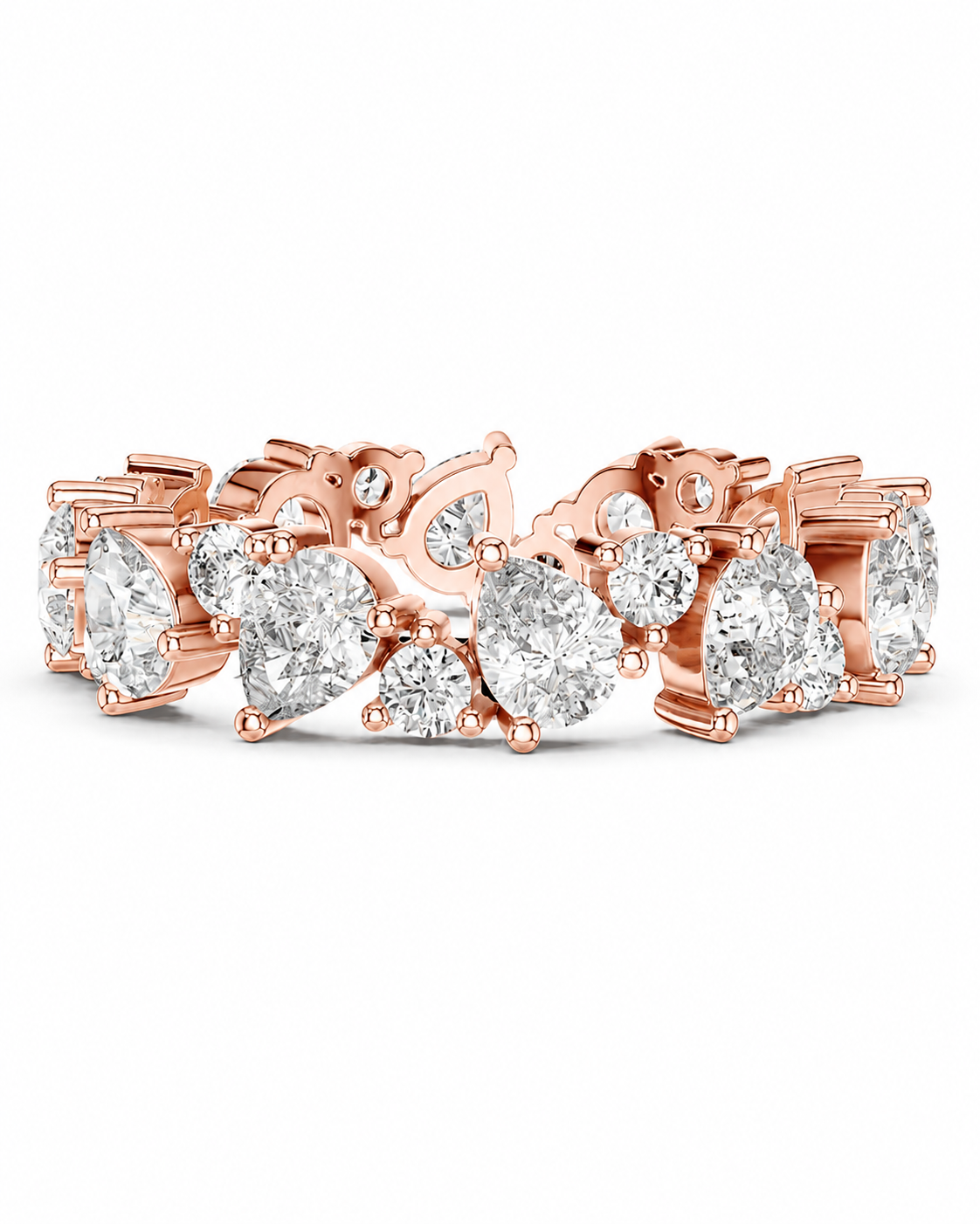 color_10K_RG, color_14K_RG &&	A rose gold diamond band ring featuring pear and round-cut diamonds set in an open hinged clasp design, shown on a clean white background.