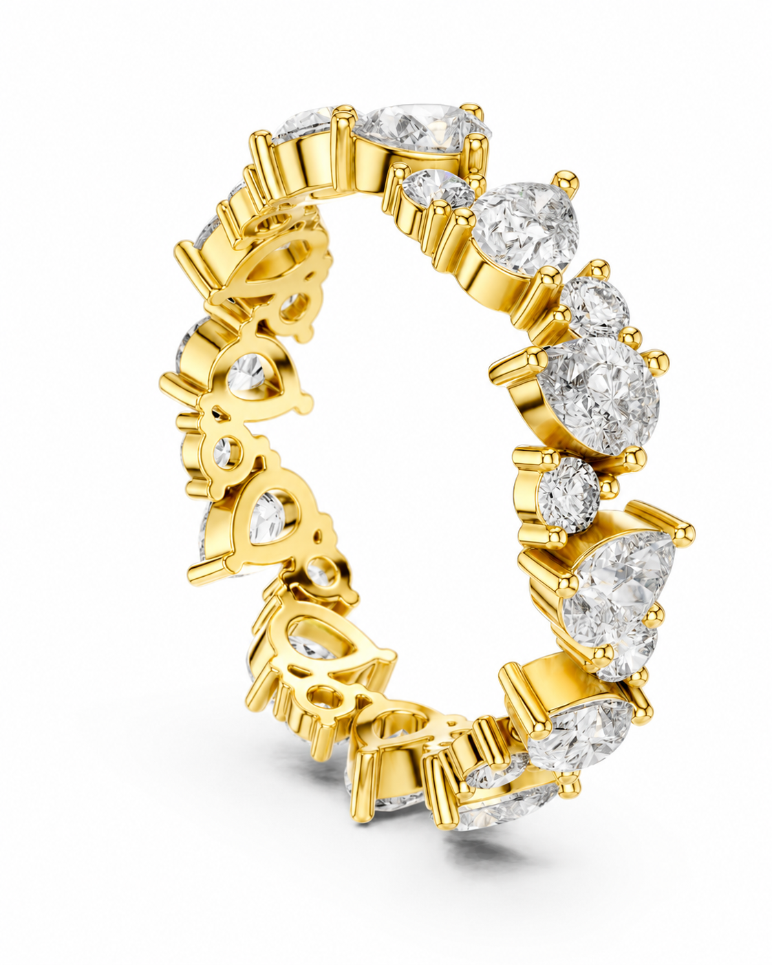 color_10K_YG, color_14K_YG &&	
A yellow gold eternity ring featuring a continuous line of round brilliant-cut diamonds in prong settings, shown on a clean white background.