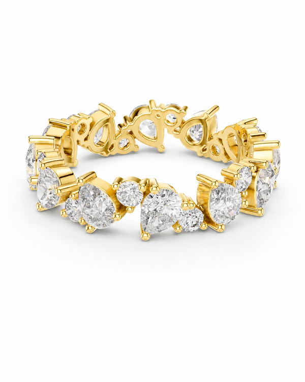 color_10K_YG, color_14K_YG &&	
A yellow gold eternity ring featuring a continuous line of round brilliant-cut diamonds in prong settings, shown on a clean white background.