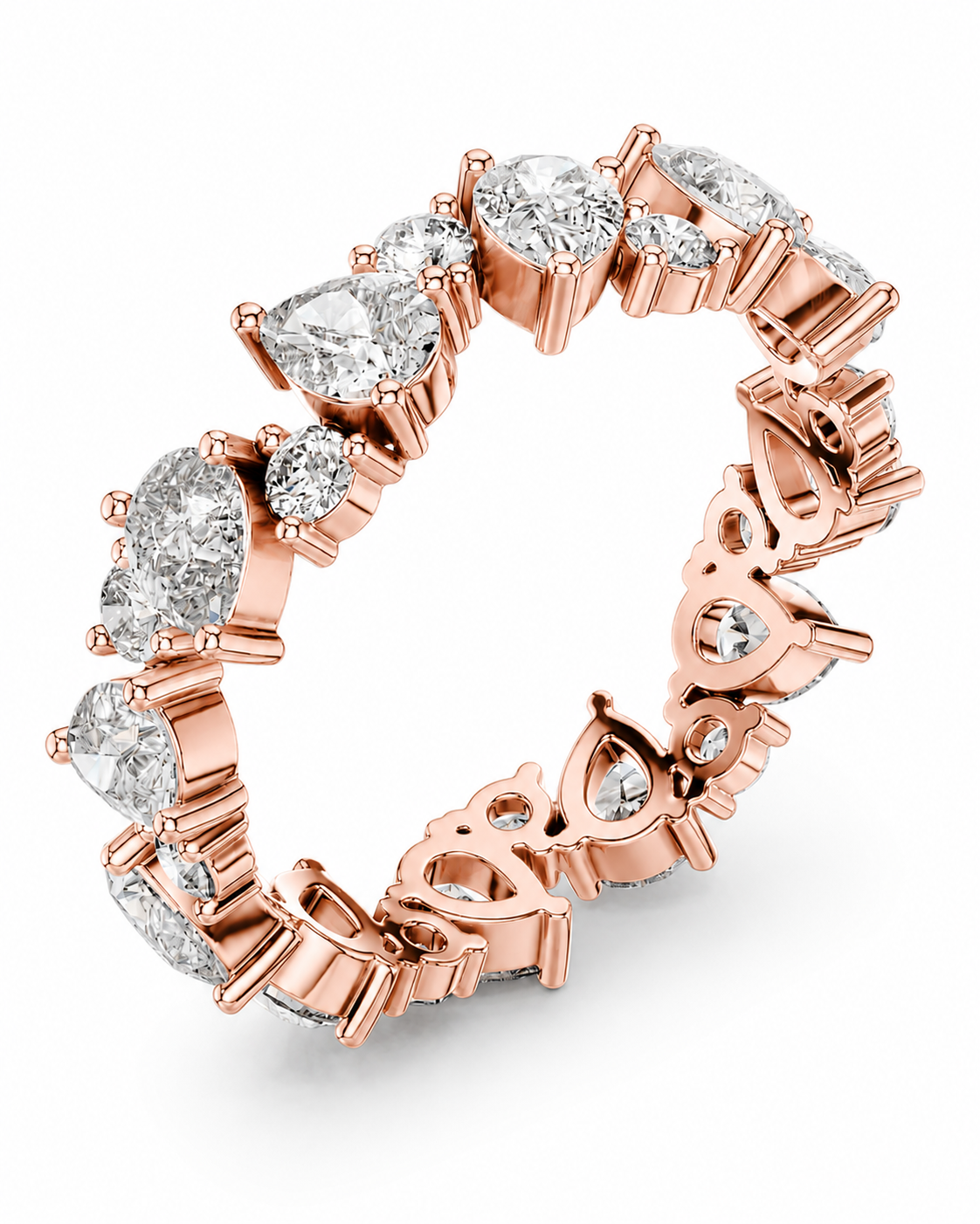 color_10K_RG, color_14K_RG &&	A rose gold eternity ring featuring a continuous row of round brilliant-cut diamonds in a prong setting, shown on a clean white background.