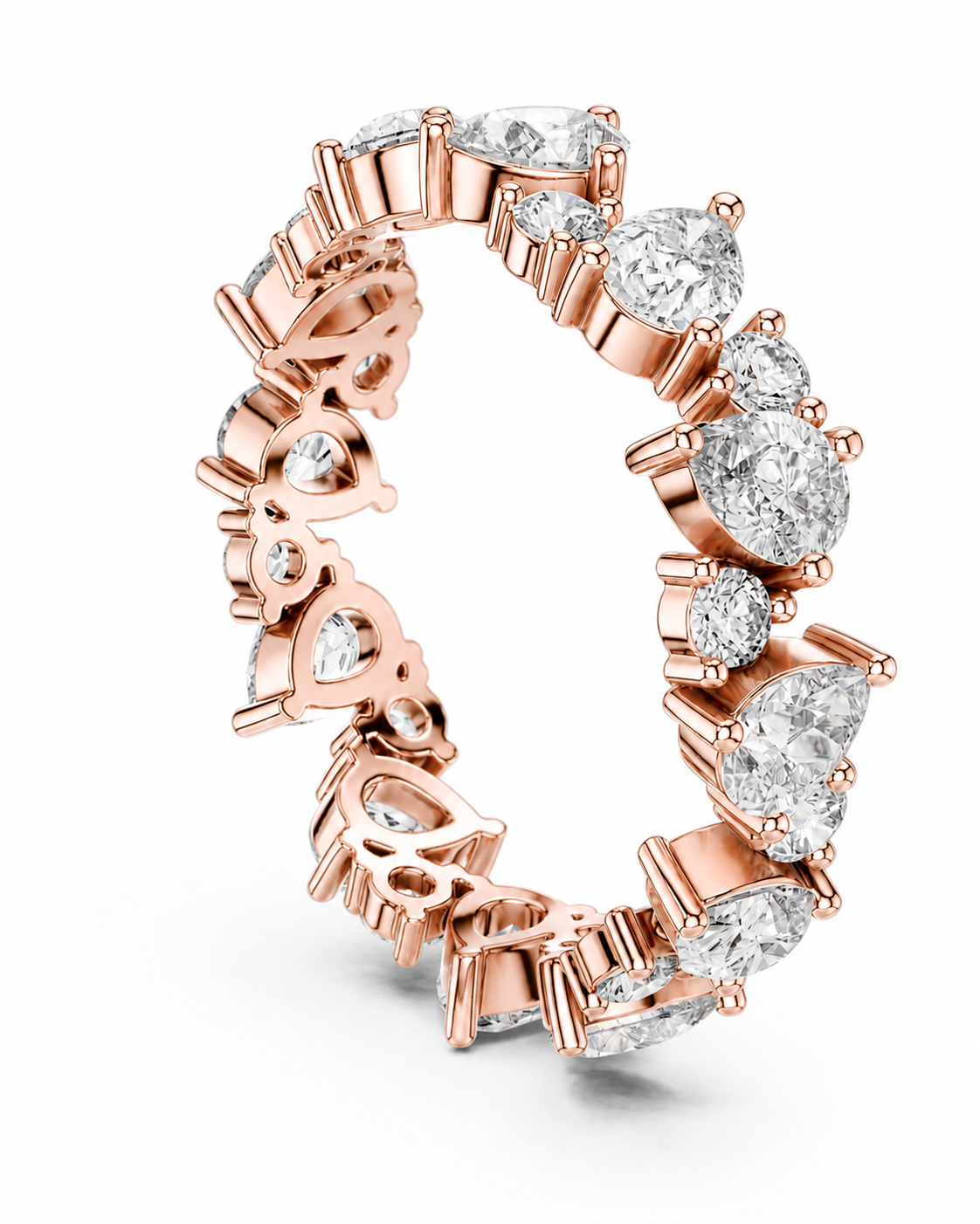 color_10K_RG, color_14K_RG &&	A rose gold eternity ring featuring multiple round brilliant-cut diamonds set in a continuous band, shown on a clean white background.