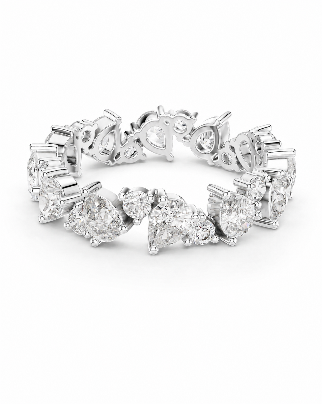 color_925_SIL,color_935_ARG,color_10K_WG, color_14K_WG &&	
A silver diamond eternity band ring featuring a continuous line of round and heart-shaped diamonds set in a polished silver-tone metal, shown on a clean white background.