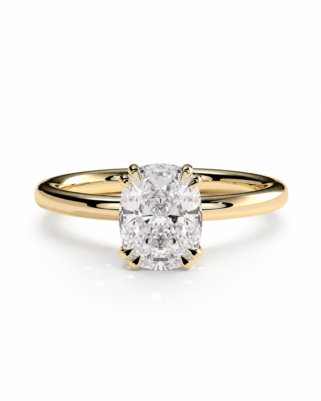 color_10K_YG, color_14K_YG &&Cushion moissanite engagement ring with hidden halo side detail
