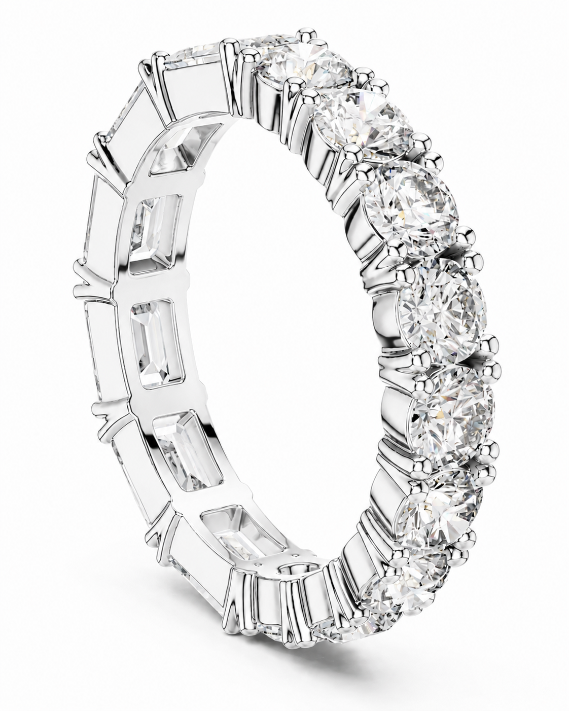 color_925_SIL,color_935_ARG,color_10K_WG, color_14K_WG &&	
A silver-toned eternity ring featuring a continuous row of round brilliant-cut and baguette-cut clear gemstones on a white background.