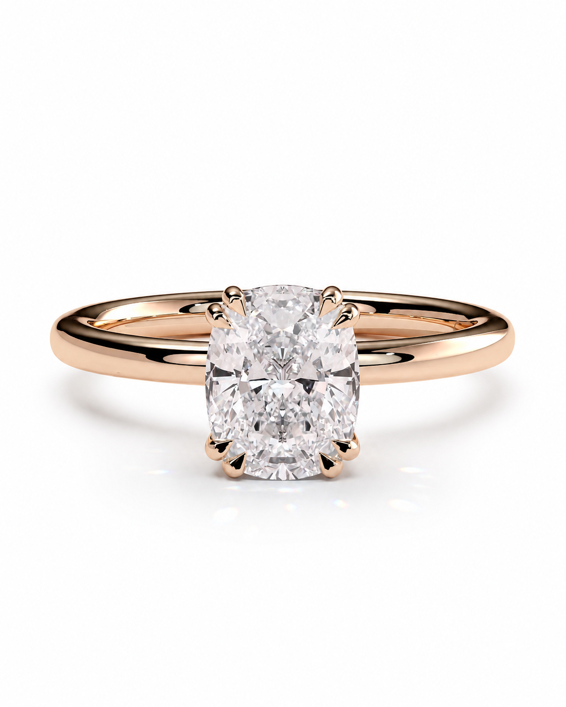 color_10K_RG, color_14K_RG &&A rose gold solitaire engagement ring featuring a large cushion-cut diamond center stone in a four-prong setting, shown on a clean white background.