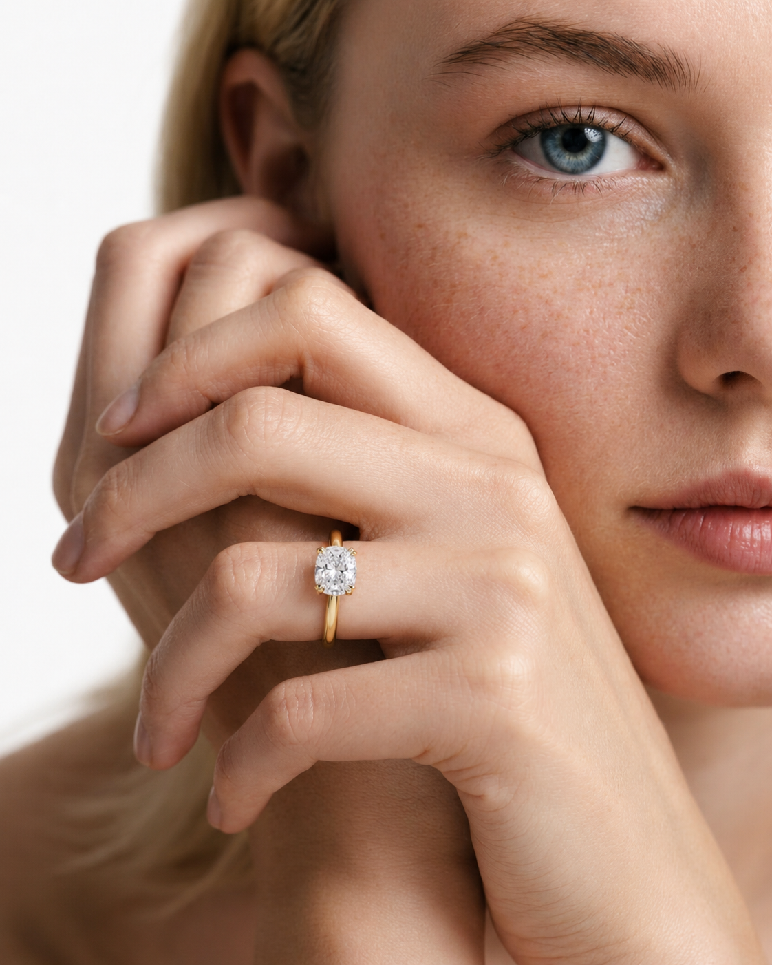 color_10K_YG, color_14K_YG &&Cushion moissanite engagement ring with hidden halo side detail

