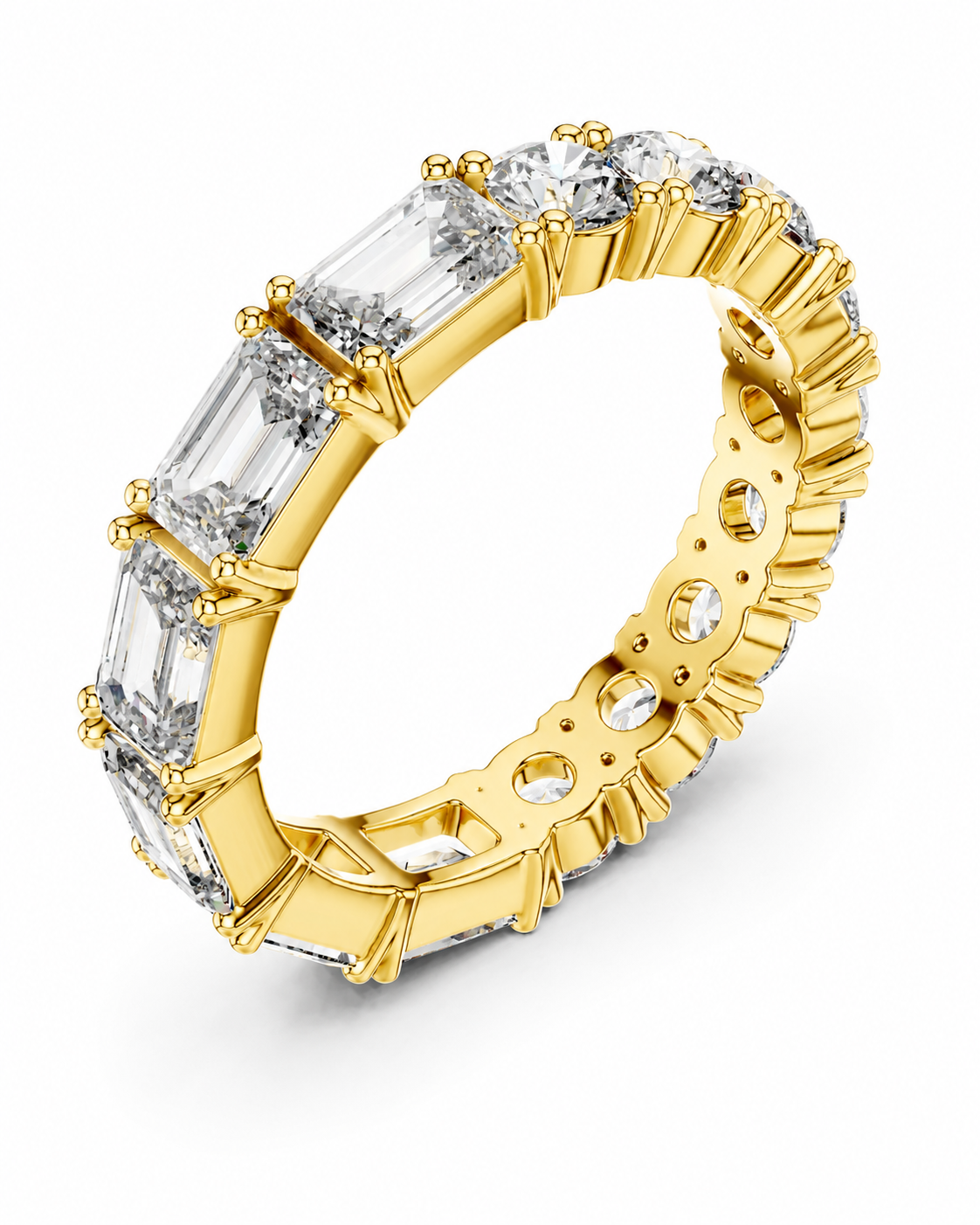 color_10K_YG, color_14K_YG &&	
A yellow gold eternity ring featuring baguette-cut clear gemstones, shown on a clean white background.