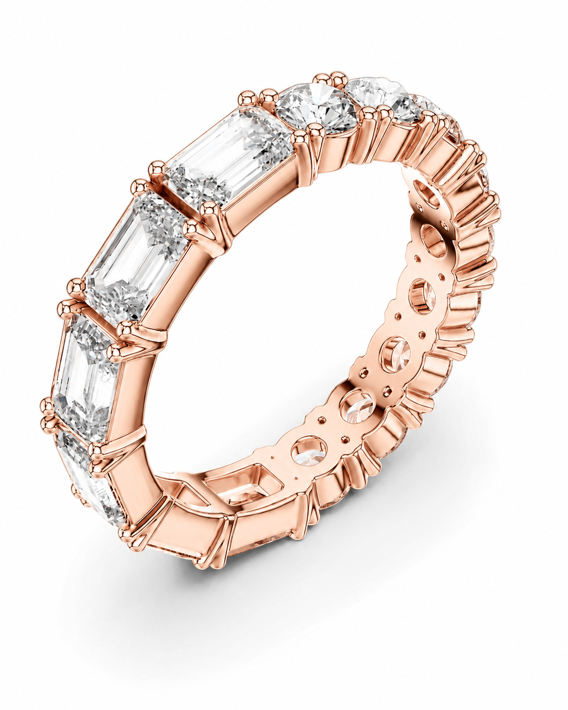 color_10K_RG, color_14K_RG &&	A rose gold eternity ring featuring baguette and round-cut clear stones, shown on a clean white background.