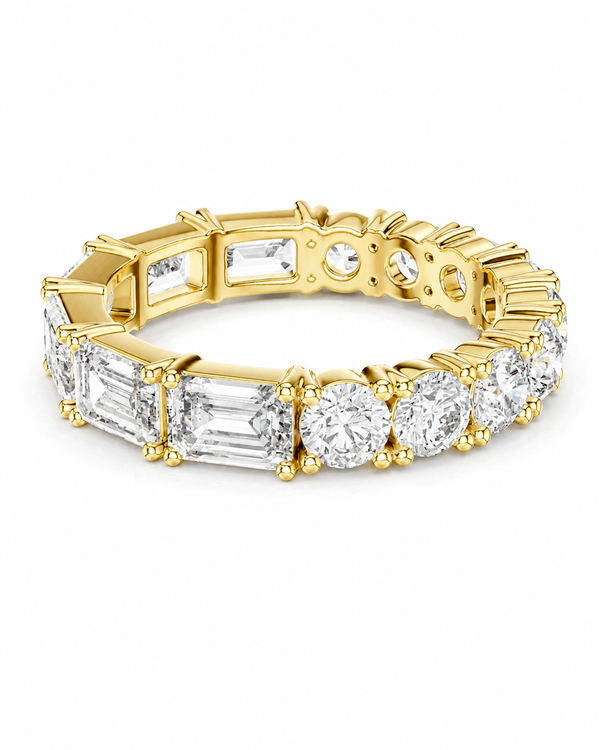 color_10K_YG, color_14K_YG &&	
A yellow gold eternity ring featuring a continuous line of clear gemstones, including baguette and round-cut diamonds, set against a plain white background.