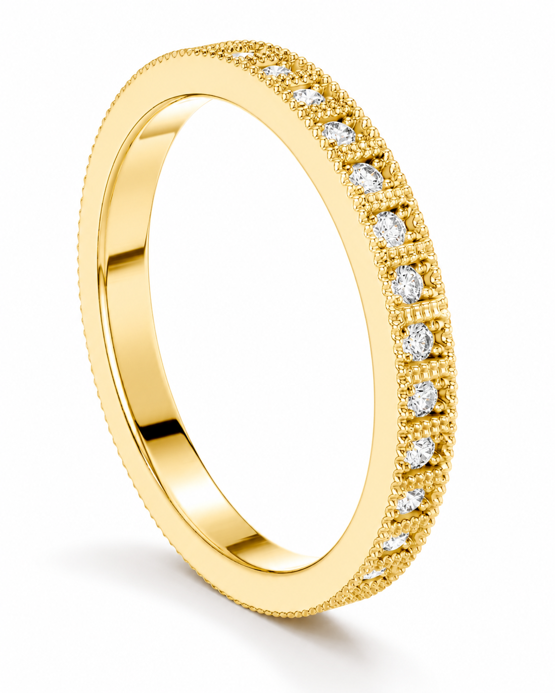 color_10K_YG, color_14K_YG &&	
A yellow gold eternity ring featuring a continuous row of round-cut clear gemstones in a beaded channel setting, shown on a clean white background.