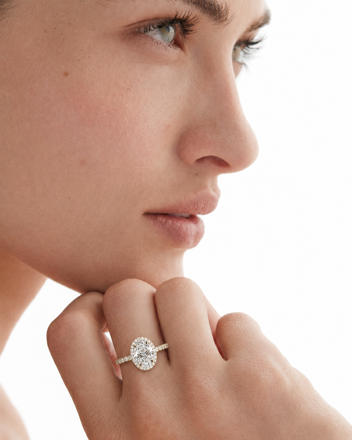 color_10K_YG, color_14K_YG &&Oval moissanite engagement ring with halo and pave band design
